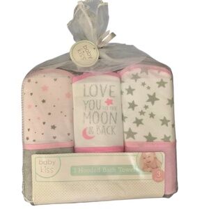 BABY KISS 3 PK “LOVE YOU TO THE MOON & BACK” GIRLS HOODED BATH TOWELS — Pink